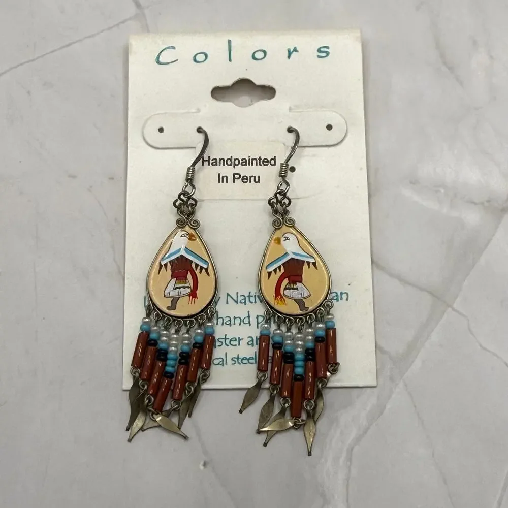 Colors Peru Hand Painted Eagle Dancer Style Beaded Earrings NWT